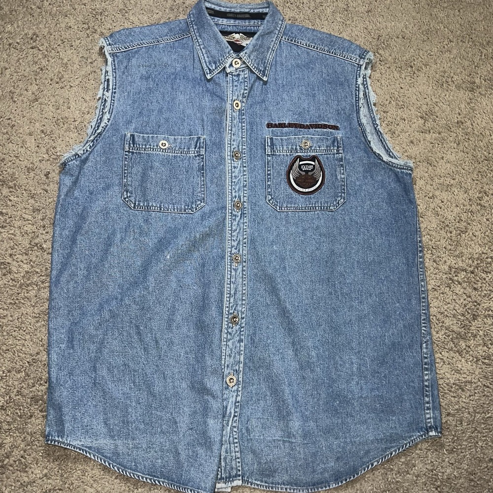 Harley Davidson Shirt Mens L Denim 105th Anniversary 2008 Button Down Sleeveless